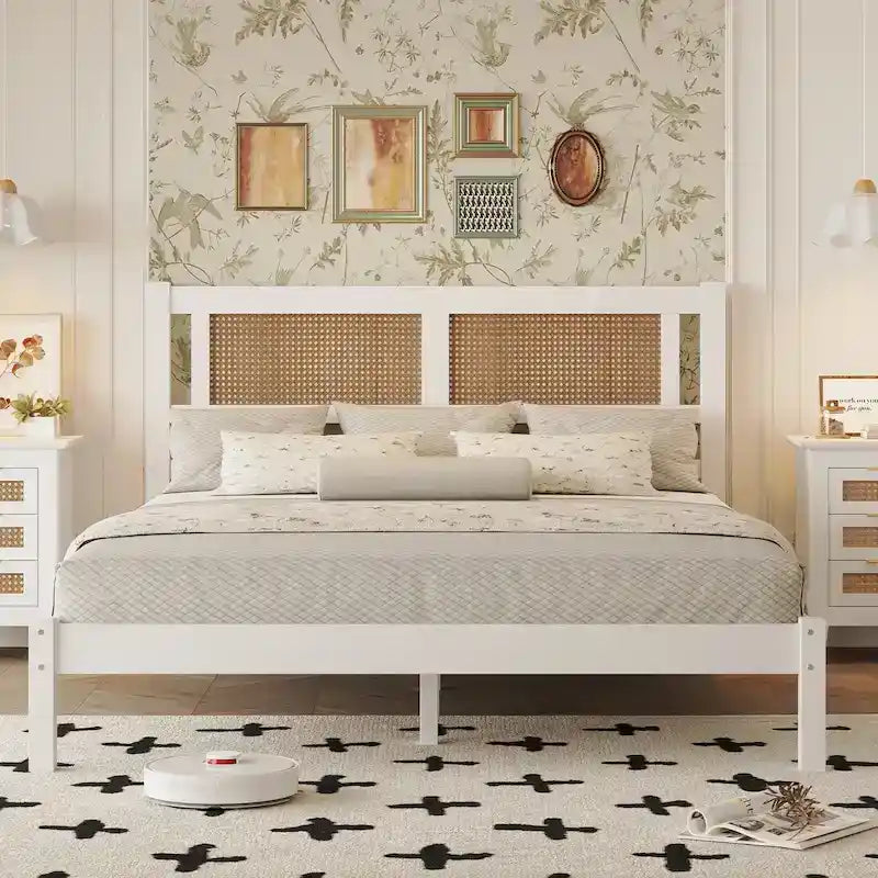 Lit plateforme en bois de style moderne avec tête de lit en rotin naturel