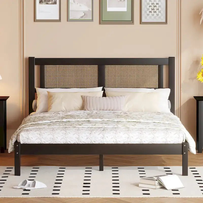 Lit plateforme en bois de style moderne avec tête de lit en rotin naturel