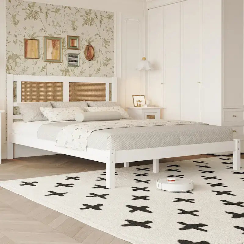 Lit plateforme en bois de style moderne avec tête de lit en rotin naturel