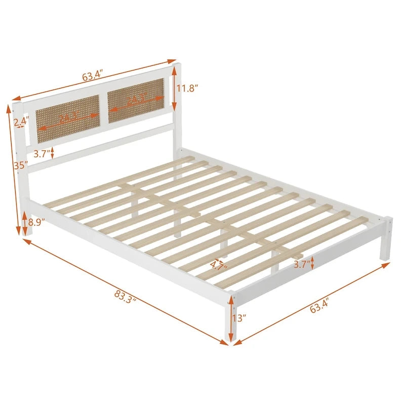 Lit plateforme en bois de style moderne avec tête de lit en rotin naturel