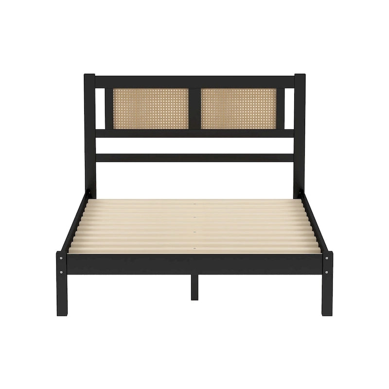 Lit plateforme en bois de style moderne avec tête de lit en rotin naturel