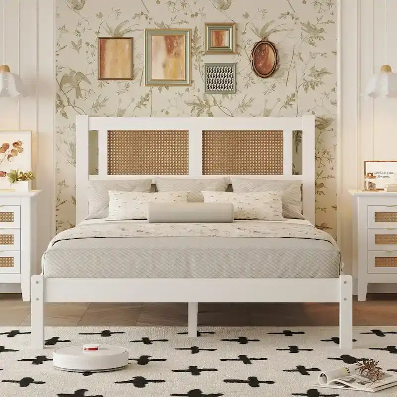 Lit plateforme en bois de style moderne avec tête de lit en rotin naturel