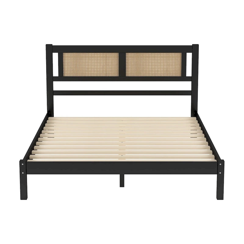 Lit plateforme en bois de style moderne avec tête de lit en rotin naturel