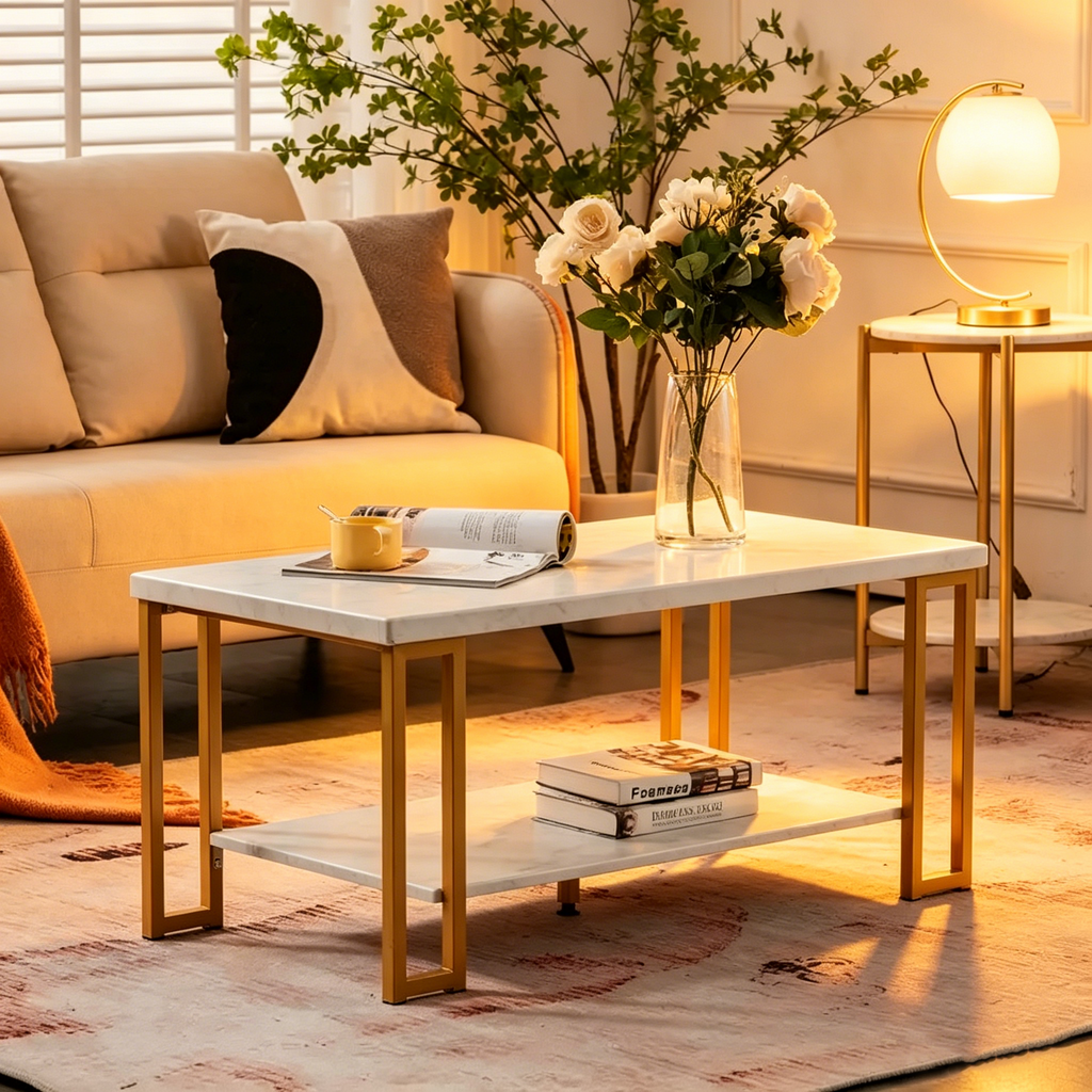Table basse en marbre PVC à double plateau et pieds en fer doré