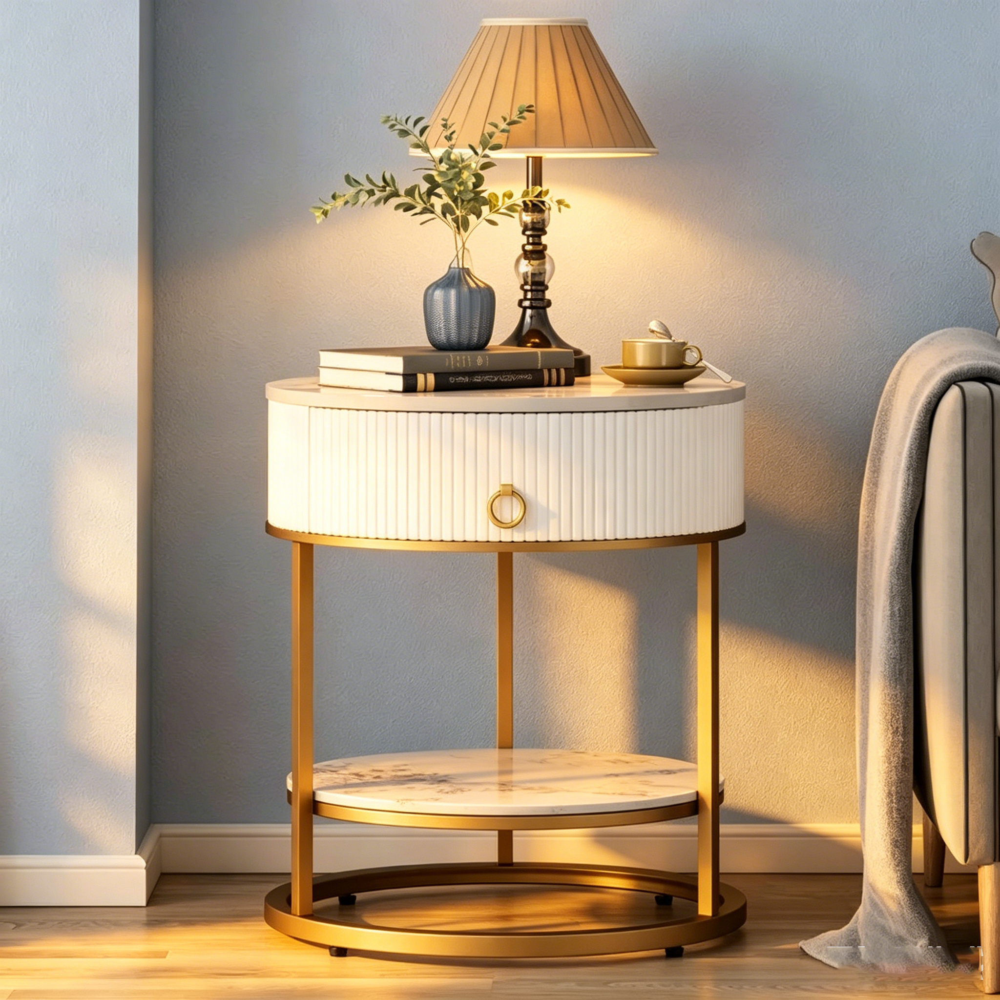 Table d'appoint ronde avec tiroir - 49,99P x 49,99L x 55,50H