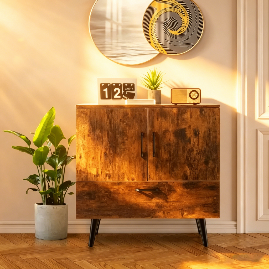 Armoire de rangement moderne sur pied avec deux portes et un tiroir