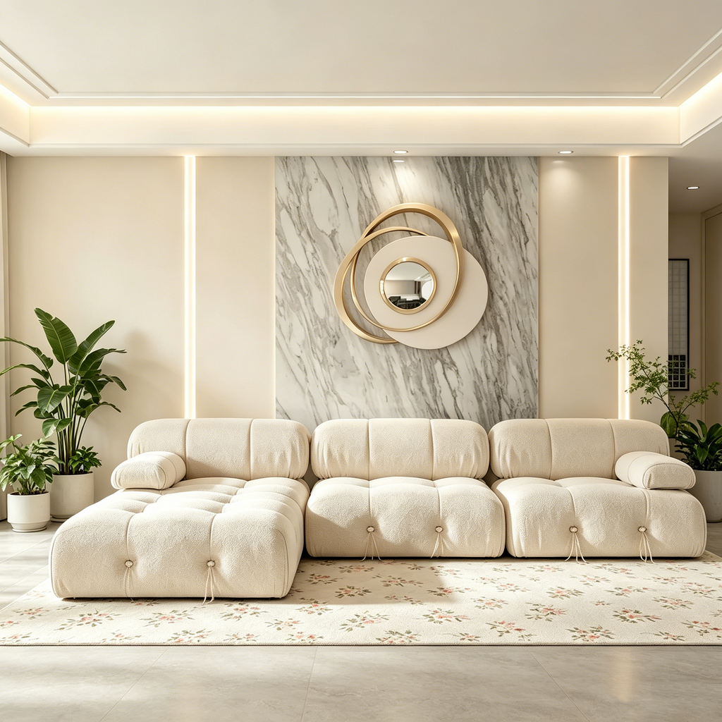 Canapé d'angle minimaliste en velours avec méridienne et pouf