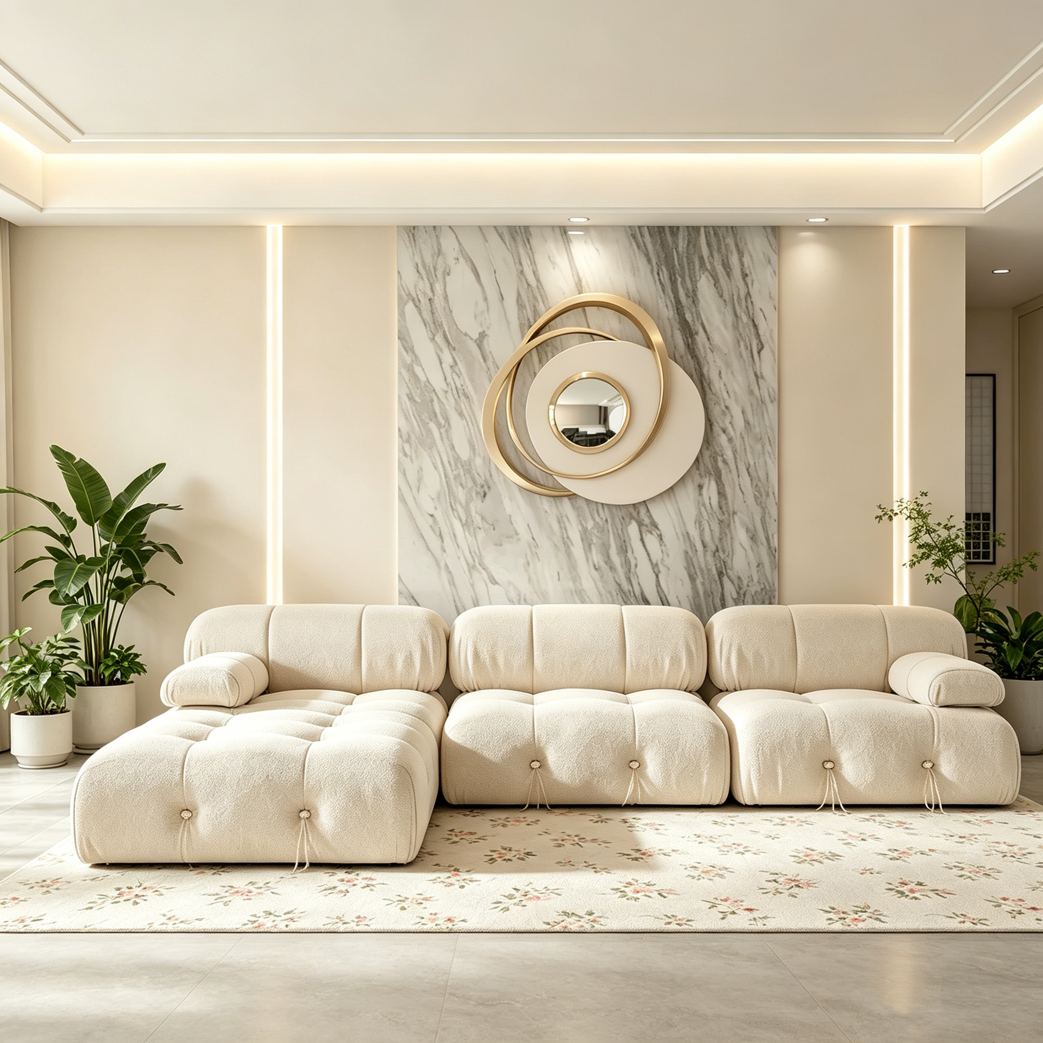 Canapé d'angle minimaliste en velours avec méridienne et pouf
