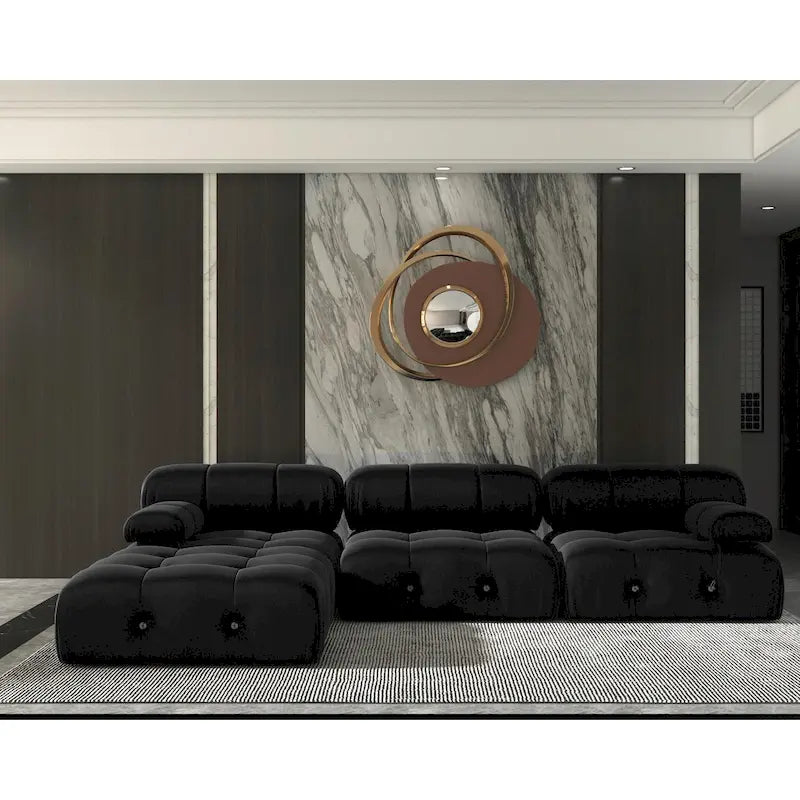 Canapé d'angle minimaliste en velours avec méridienne et pouf