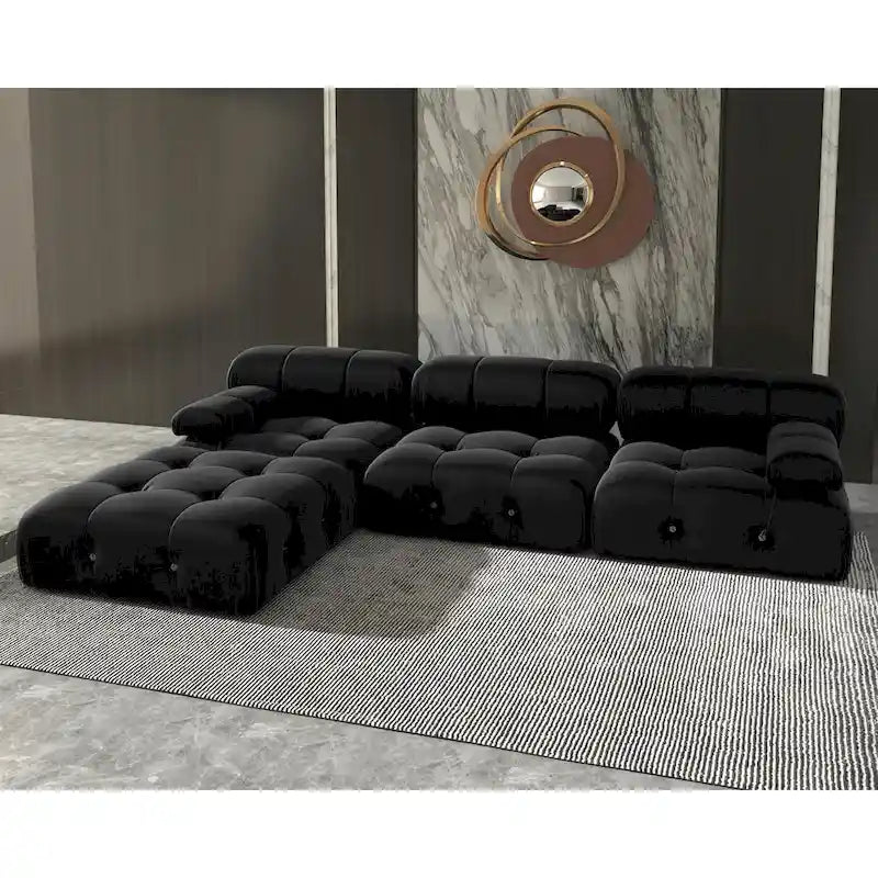 Canapé d'angle minimaliste en velours avec méridienne et pouf