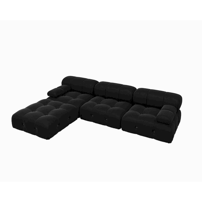 Canapé d'angle minimaliste en velours avec méridienne et pouf