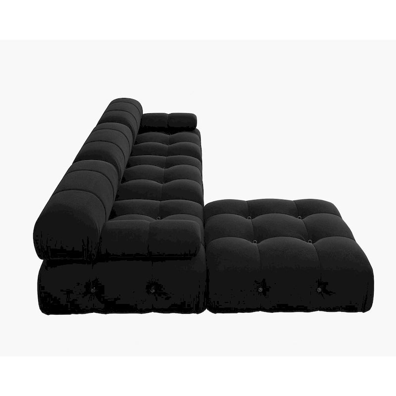 Canapé d'angle minimaliste en velours avec méridienne et pouf