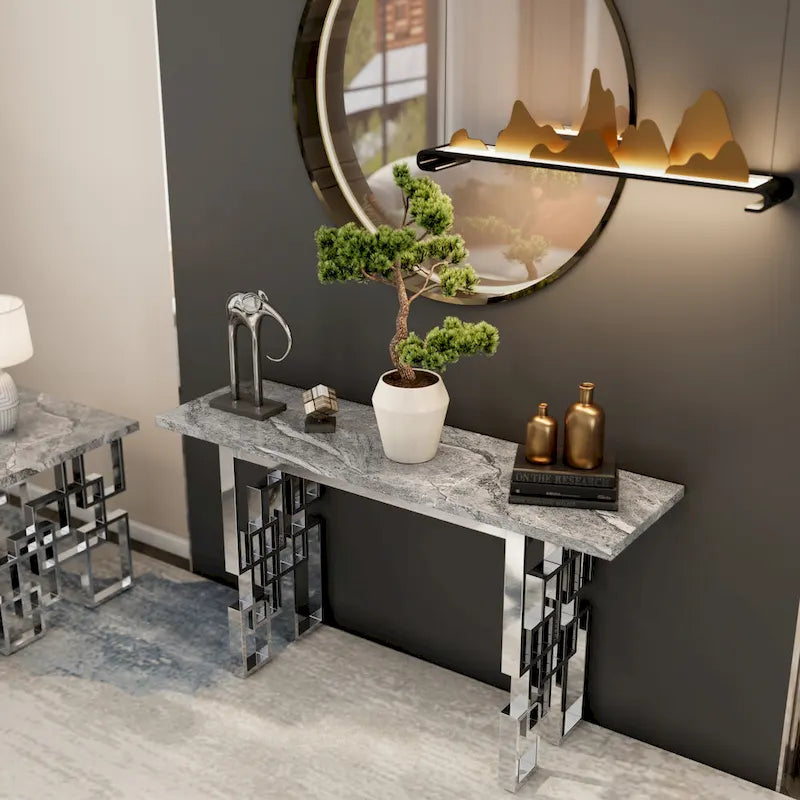Console moderne/table de canapé avec base en métal miroir