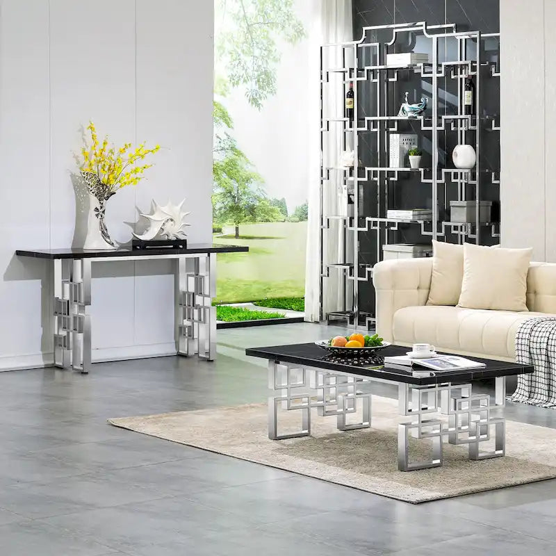 Console moderne/table de canapé avec base en métal miroir