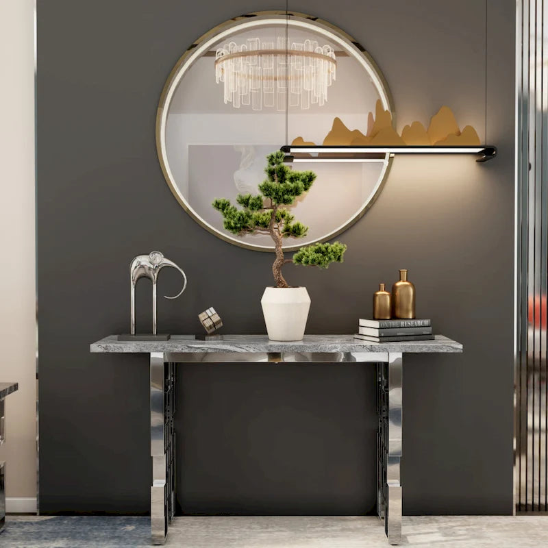 Console moderne/table de canapé avec base en métal miroir