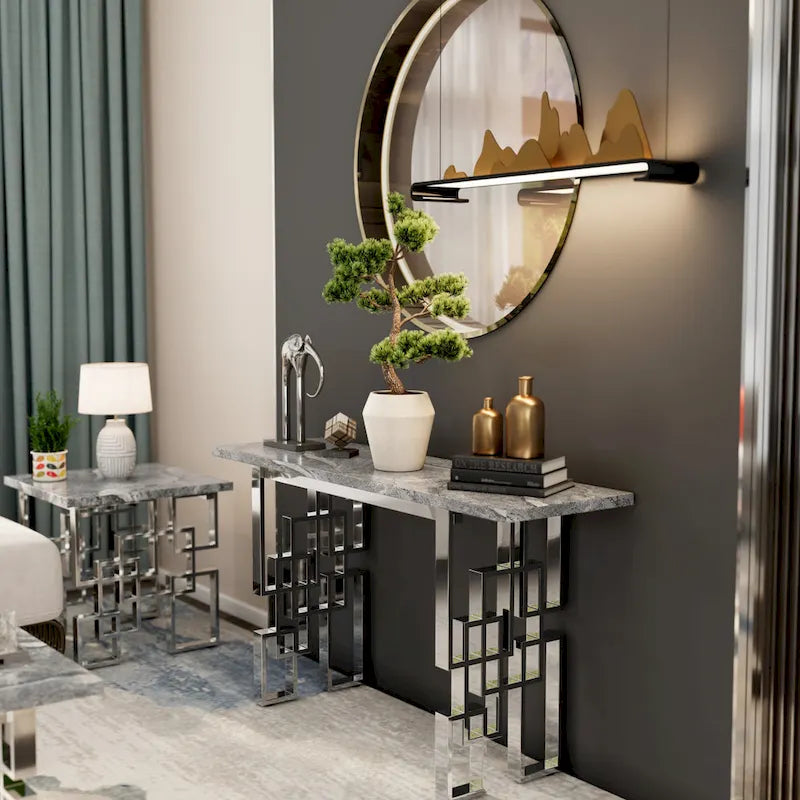 Console moderne/table de canapé avec base en métal miroir