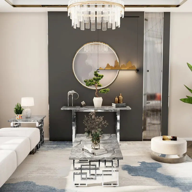 Console moderne/table de canapé avec base en métal miroir
