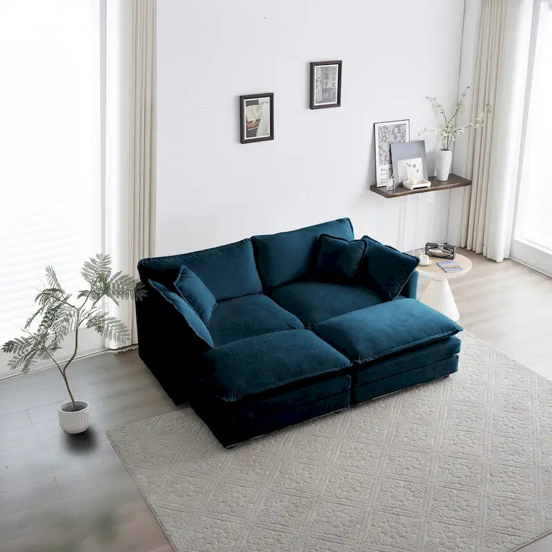 Canapé d'angle rembourré avec pouf, bleu