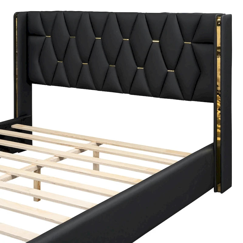Lit plateforme capitonné pleine grandeur avec lattes métalliques, noir