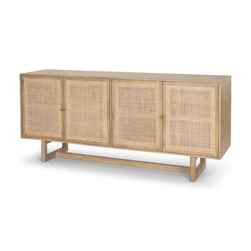 Buffet quatre portes en rotin et bois massif brun clair