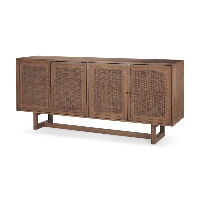 Buffet quatre portes en rotin et bois massif brun clair