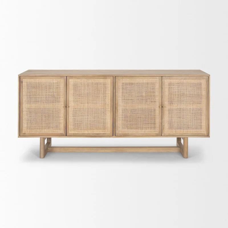 Buffet quatre portes en rotin et bois massif brun clair