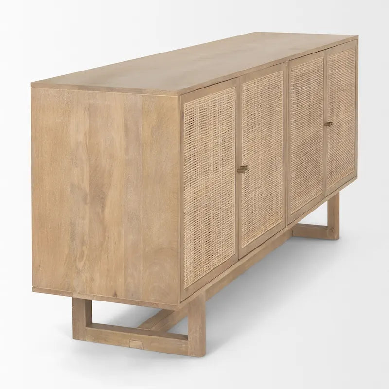 Buffet quatre portes en rotin et bois massif brun clair