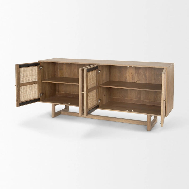 Buffet quatre portes en rotin et bois massif brun clair