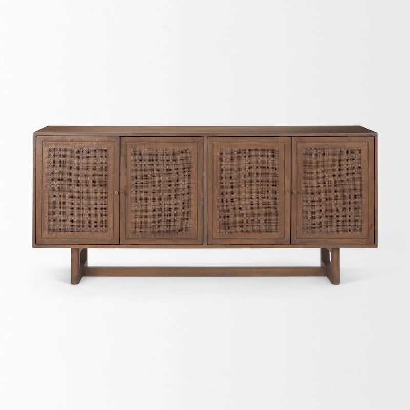 Buffet quatre portes en rotin et bois massif brun clair