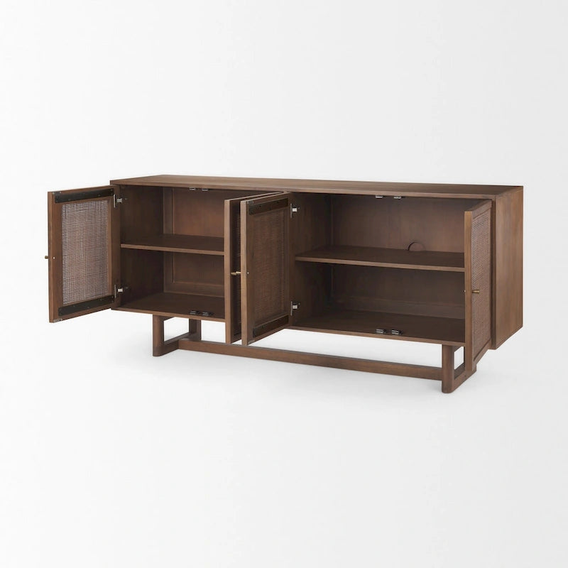 Buffet quatre portes en rotin et bois massif brun clair