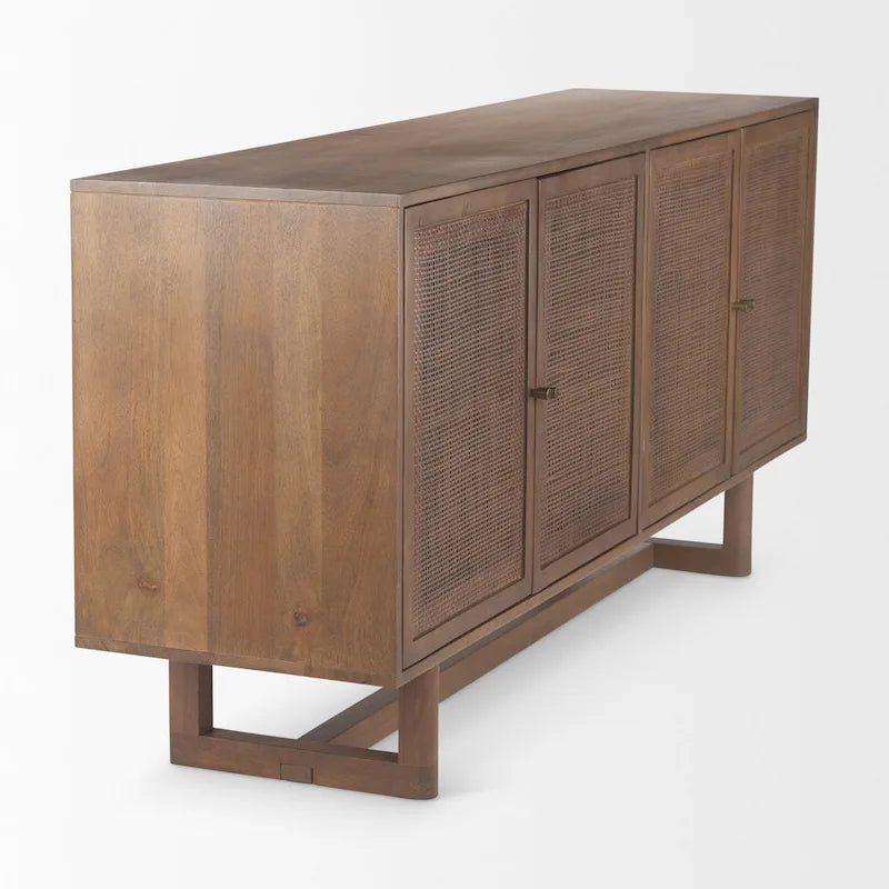 Buffet quatre portes en rotin et bois massif brun clair