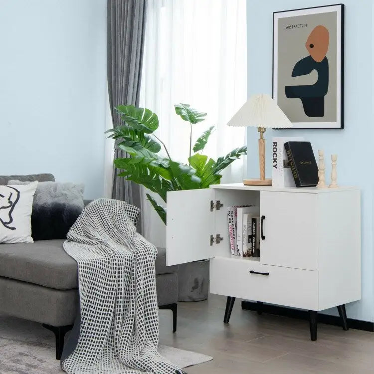 Armoire de rangement moderne sur pied avec deux portes et un tiroir