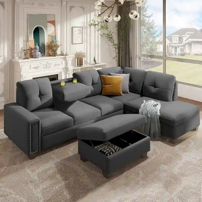Canapé d'angle réversible avec pouf de rangement