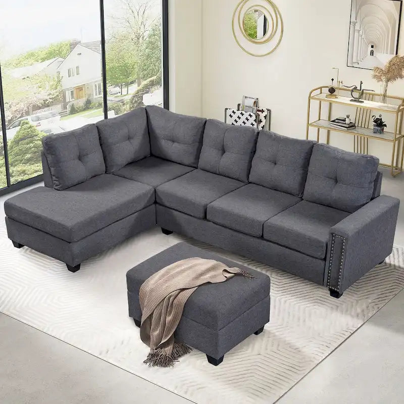 Canapé d'angle réversible avec pouf de rangement