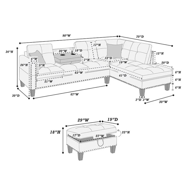 Canapé d'angle avec pouf de rangement