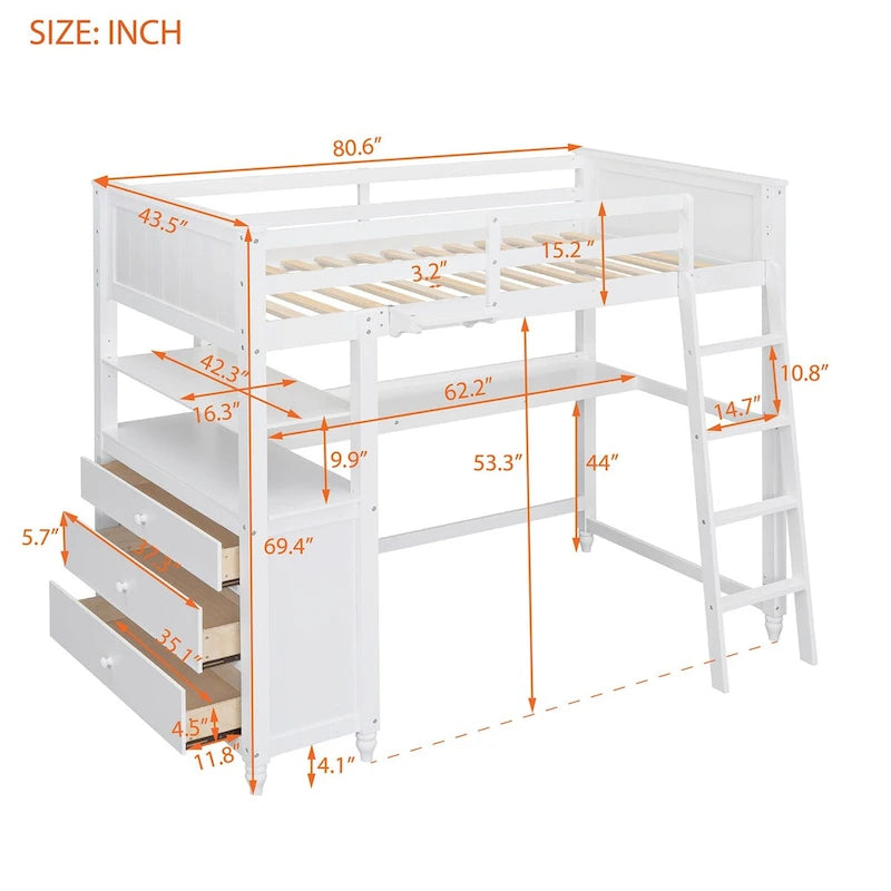 Lit mezzanine simple avec bureau et coiffeuse