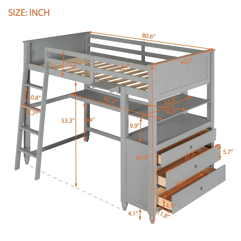 Lit mezzanine simple avec bureau et coiffeuse