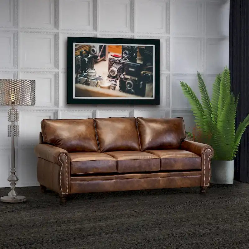 Canapé et fauteuils en cuir de vachette pleine fleur marron