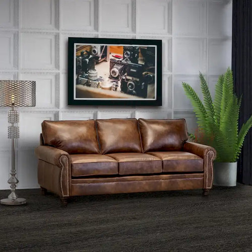 Canapé et fauteuils en cuir de vachette pleine fleur marron