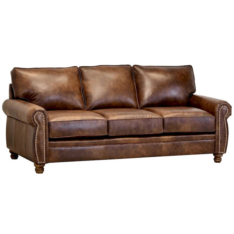 Canapé et fauteuils en cuir de vachette pleine fleur marron