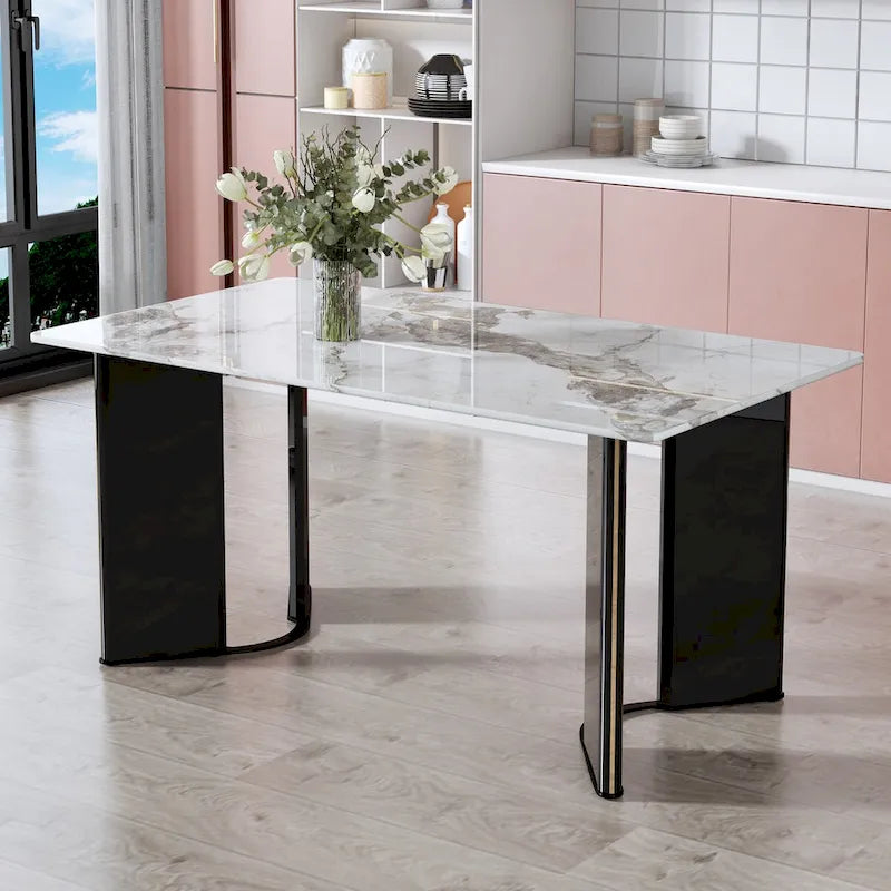Table à manger rectangulaire avec plateau en similicuir marbre blanc