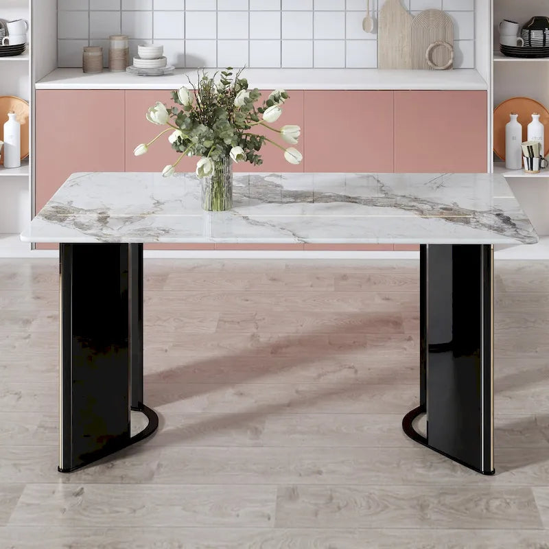 Table à manger rectangulaire avec plateau en similicuir marbre blanc