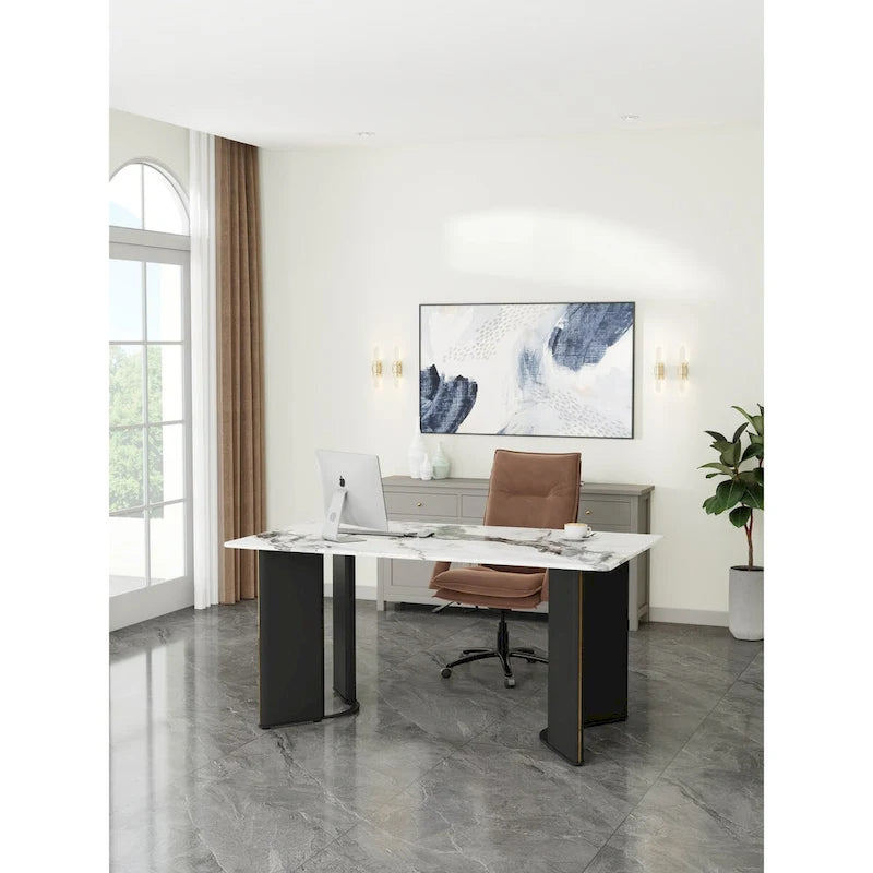 Table à manger rectangulaire avec plateau en similicuir marbre blanc