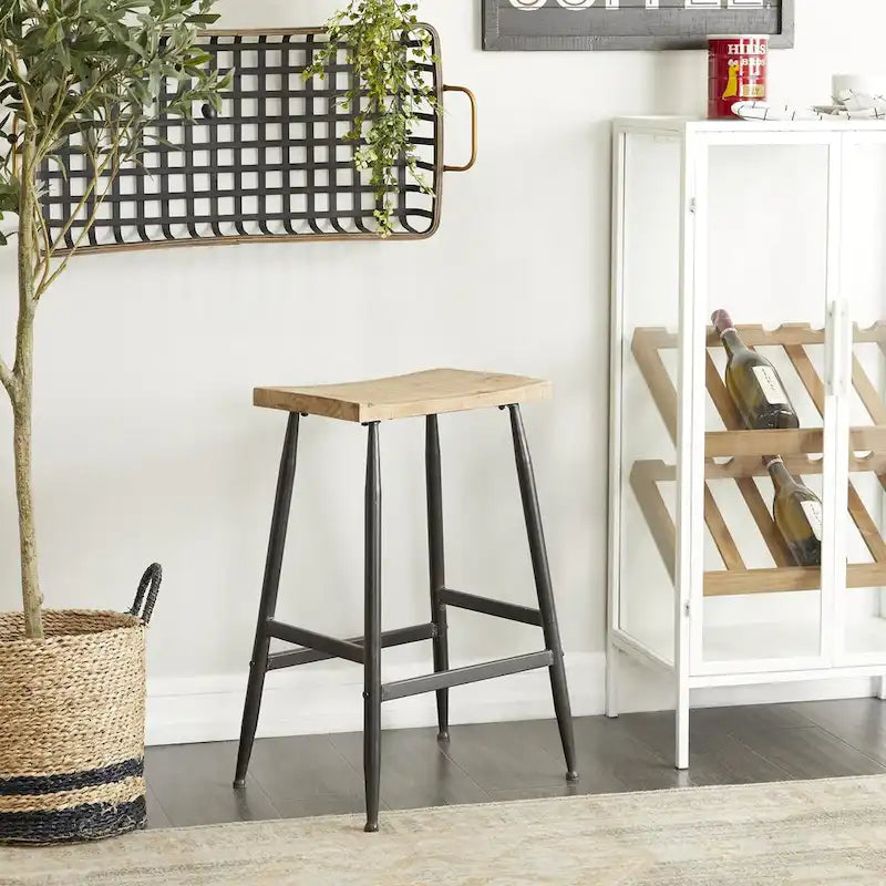 Tabourets de bar en métal, plateau de table en bois brun