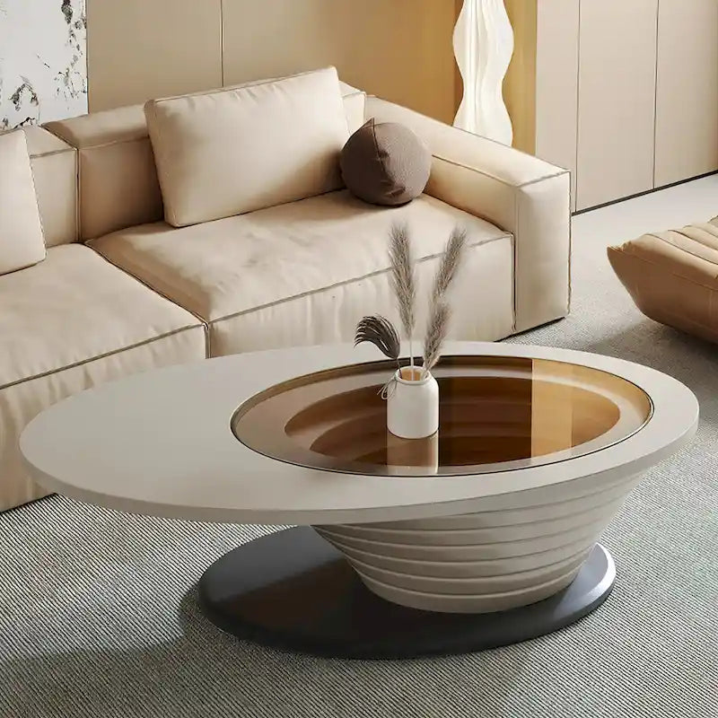 Table basse ovale de luxe moderne et minimaliste avec plateau en verre